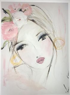 a drawing of a woman with flowers in her hair and eyes closed, looking to the side