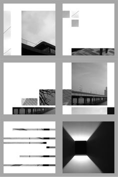 black and white photographs of different architectural structures, including an open window with light coming from it