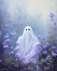 a painting of a ghost surrounded by purple flowers