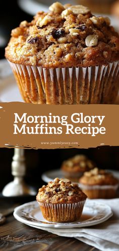 a muffin on top of a plate with the words morning glory muffins recipe