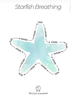 the starfish breathing diagram is shown in blue and green watercolor, with words below it