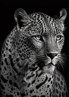 a black and white photo of a leopard looking at the camera with an intense look