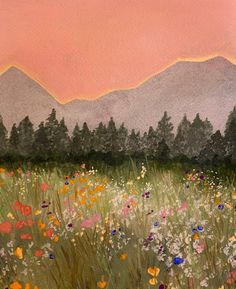 a painting of flowers in a field with mountains in the background and pink sky above