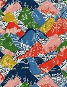 an image of a colorful pattern with mountains and trees in the background, as well as waves