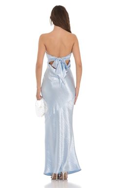 Strapless Satin Open Back Maxi Dress in Light Blue | LUCY IN THE SKY Silk Dress Blue Long, Sky Blue Winter Formal Dress, Silk Light Blue Formal Dress, Light Blue Satin Mermaid Dress, Ice Blue Dress Party, Light Blue Satin Dress Wedding, Hoco Dress Strapless, Light Blue Bridesmaid Dresses Long, Ice Blue Bridesmaid Dress