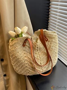 BirdinBag - Chic Beach Holiday Straw Tote Bag Vacation Straw Bag With Braided Handles, Casual Double Handle Canvas Bag For Summer, Trendy Shoulder Bag With Braided Handles For Beach Season, Spring Beach Tote Canvas Bag, Beach Season Tote Bag With Handles, Beach Season Bags With Braided Double Handles, Beach Season Bag With Braided Double Handles, Cream Bags For Shopping In Beach Season, Trendy Cream Shoulder Beach Bag