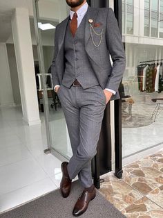 Abruzzo Gray Slim Fit Peak Lapel Striped Wool Suit-baagr.myshopify.com-suit-BOJONI Grey Suit Combinations, Groom And Groomsmen Suits, Dark Gray Suit, Suit Combinations, Suit Material