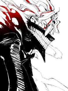 a black and white drawing of a demon with red flames coming out of its mouth