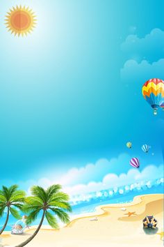 a beach scene with palm trees and hot air balloons