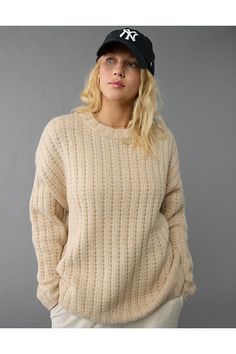 Waffle sweater knit/Ribbed collar, cuffs & hem/Crew neck Fall Cream Sweater With Ribbed Cuffs, Classic Oversized Ribbed Sweater, Cozy Fall Sweater With Ribbed Cuffs, Beige Winter Sweater With Ribbed Cuffs, Beige Ribbed Cuff Sweater For Winter, Cream Crew Neck Sweater With Ribbed Collar, Cream Ribbed Crew Neck Sweater, Oversized Beige Sweater With Ribbed Collar, Oversized Sweater With Ribbed Cuffs For Cold Weather