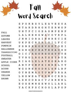 the fall word search is shown with leaves