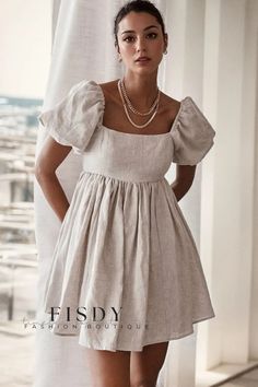 Fisdy - Picardías de lino con mangas abullonadas y escote cuadrado Classic Summer Dresses, Babydoll Mini Dress, Flowy Design, Couture Mode, Vestidos Vintage, Party Dress Short, Khaki Dress, Puffed Sleeves Dress, Mid Length Dresses