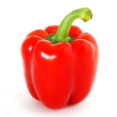 three red bell peppers on a white background with one green pepper in the foreground