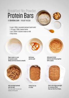 the ingredients for protein bars are shown in different bowls