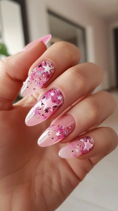 Pink And Gold Star Nails, Pink Celestial Nails, Pink Nails With Pink Stars, Pink Nails With Moons And Stars, Purple Star Nail Designs