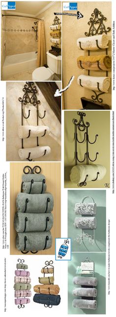 several pictures of towels and towel racks in various colors, sizes and styles are shown