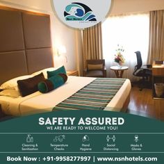 a hotel room with a bed, desk and chair in the background that says safety assureed we are ready to welcome you