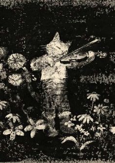 a black and white photo of a cat playing the violin in front of some flowers