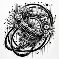 a black and white drawing of a clock with flowers on it's side, surrounded by lines