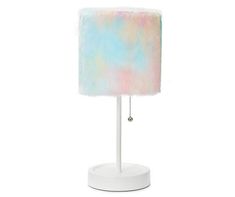 a white table lamp with a blue and pink shade