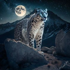 a snow leopard standing on top of a rocky mountain under a full moon sky with stars and clouds