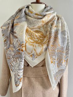 Elegant Tropical Foliage Square Scarf /Shawl /Wrap Material: 70% wool 30% silk Size: 140 cm x 140 cm / 55 in x 55 in As this shawl is hand-rolled, the dimensions indicated may vary. Edges: Hand-Rolled Edges Warm and vivid color, palm trees and tropical foliage. Feels like the warm trade winds of paradise. Can style as a neck scarf, a head scarf, a shawl or a wrap. Suitable for all seasons, perfect gift for Valentine's Day, Mother's Day, and special occasions.  Care instructions: Gently use cold Luxury Wool Shawl Wrap, Elegant Gold Scarf One Size, Elegant Yellow Silk Shawl, Silk Shawl Scarf One Size, Luxury Silk Shawl Scarves, Beige Silk Shawl Scarf, Plants Pattern, Large Square Scarf, Hair Scarf