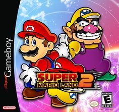 the coverart for super mario land 2, featuring two characters in front of a space background