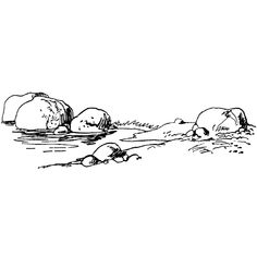 a black and white drawing of rocks in the water with one rock laying on it's side