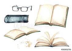 an open book with glasses and other items