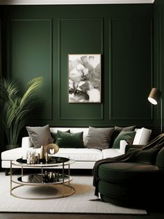 a living room with green walls and couches in the center, coffee table on one side