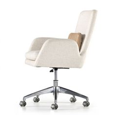 an office chair with wheels on the back and seat upholstered in white fabric