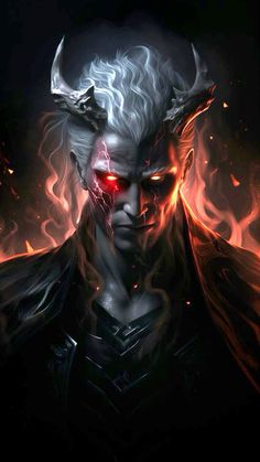 an evil man with red eyes and horns on his head, surrounded by fiery flames