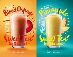 two posters for the new blood orange, sweet tea and sugared pineapple drink