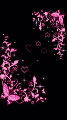 pink butterflies and hearts on black background