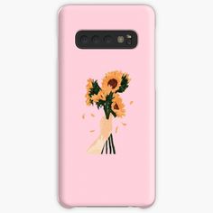 a pink phone case with sunflowers in a vase