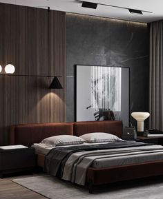 a modern bedroom with black walls and wood paneling on the wall, along with a large bed