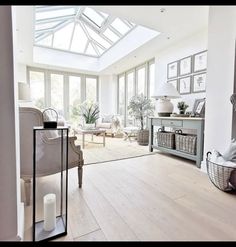 a living room filled with furniture and lots of windows on top of the walls in front of them