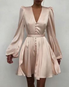 Plain Puff Sleeve Ruched Button Front Dress sold by Fashionwomens101 on Storenvy Long Sleeve Satin Dress, Slim Dress, Long Sleeve Casual Dress, Mini Dress Casual, Slim Dresses, Lantern Sleeve, Mode Inspiration, Mini Dress With Sleeves, Classy Dress