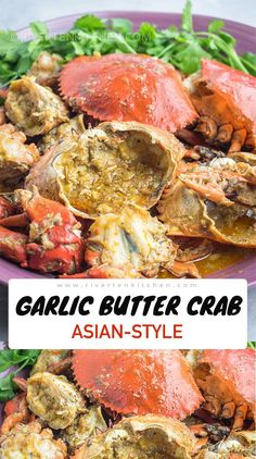 a purple plate topped with cooked crabs and garnished with parsley on the side