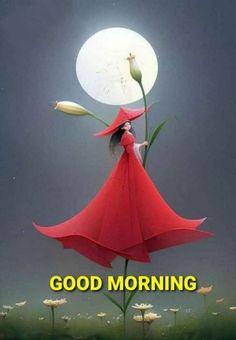 a woman in a red dress holding a flower with the words good morning on it