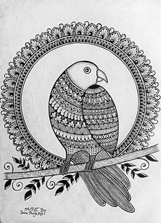 a black and white drawing of a bird sitting on a branch with leaves around it