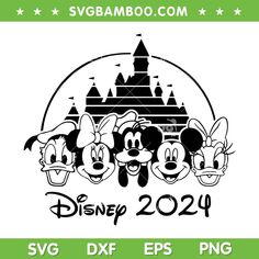 mickey mouse and friends in front of a castle with the words disney on it, svg