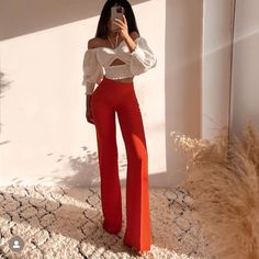 Zara Orange High Waisted Wide Leg White Party Pants For Fall, Elegant Slim Fit Pants For Brunch, Chic Red Bottoms For Brunch, Red Bottoms For Brunch, Red Pants For Summer Evening, Red Pants For Summer Evening Events, Elegant Bottoms For Fall Brunch, Elegant High Waist Pants For Brunch, Zara White Party Bottoms