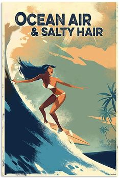 a woman riding a wave on top of a surfboard in front of palm trees