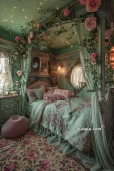 a bedroom decorated in green and pink with roses on the bed