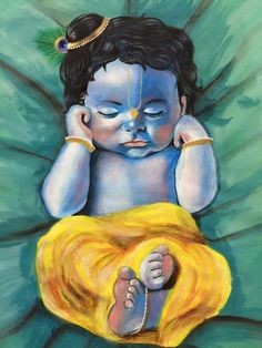 a painting of a baby with blue skin and yellow hair