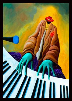 a painting of a person sitting at a piano with their hands on top of the keyboard