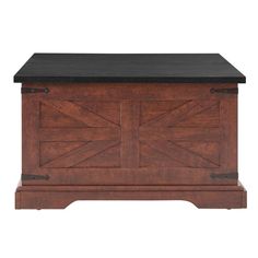 a wooden chest with black top and metal accents on the front, sitting against a white background