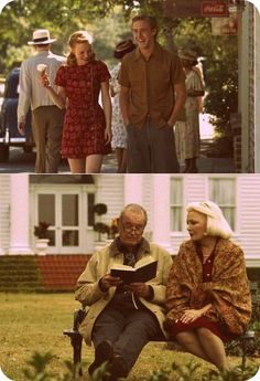 two pictures of people sitting on a bench in front of a house and one is looking at a tablet