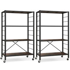 two metal shelvings with wooden shelves and wheels on each side, one is black